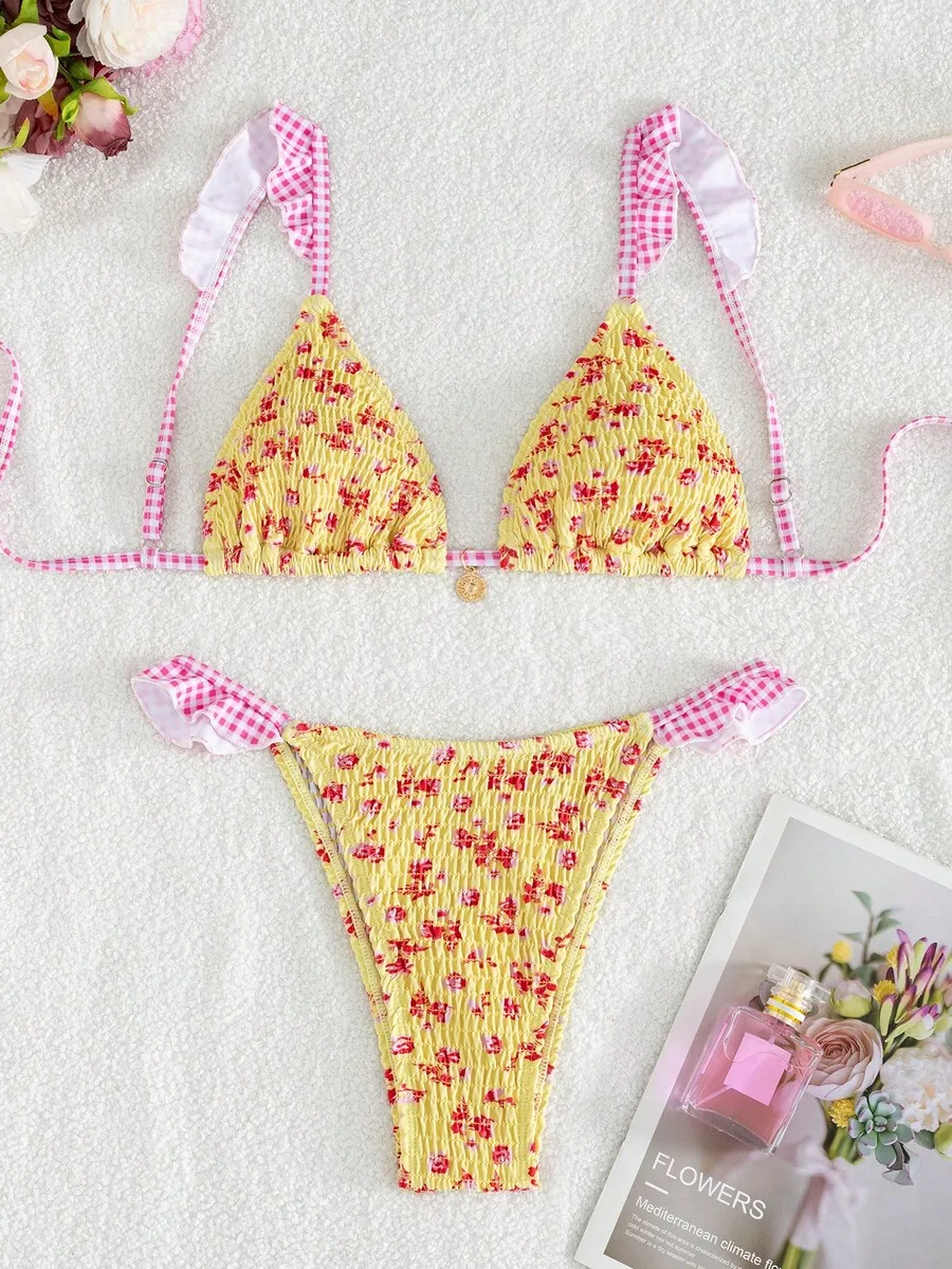 Yellow Pink Floral Ruffled Triangle Bikini Set Women Summer Beach Party Swimsuit
Yellow Pink Floral Ruffled Triangle Bikini Set Women Summer Beach Party Swimsuit