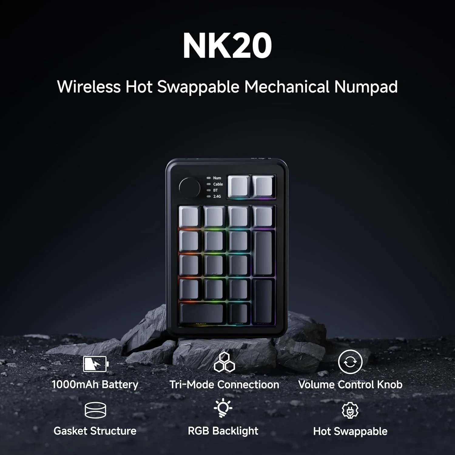 Tri-Mode Mechanical Numeric Keypad Bluetooth/2.4G/USB-C Rechargeable RGB Backlight Hot Swappable Number Pad for Data Accounting
Tri-Mode Mechanical Numeric Keypad Bluetooth/2.4G/USB-C Rechargeable RGB Backlight Hot Swappable Number Pad for Data Accounting