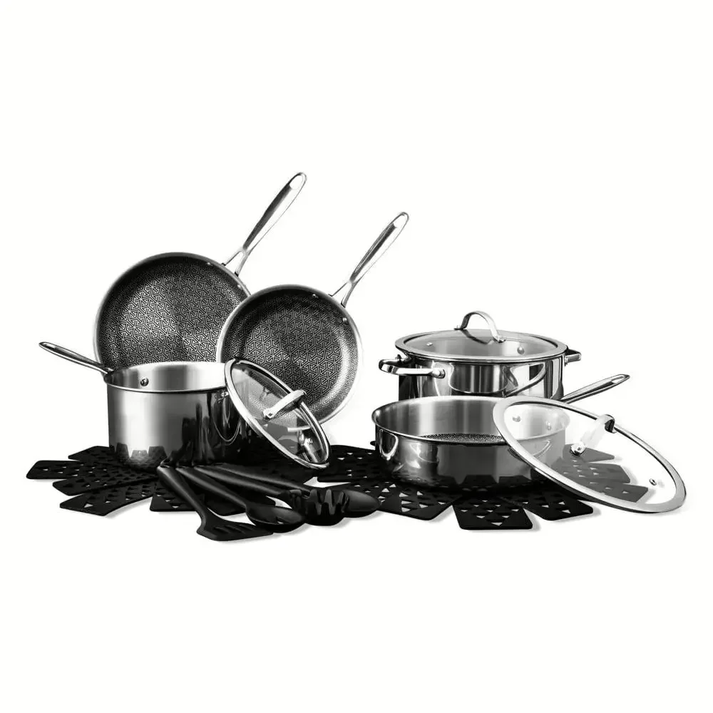 16-Piece Tri-Ply Non-Stick Cookware & Utensil Set All Cooktops Metal Utensil Safe Handwash Recommended Stainless Steel Handles
16-Piece Tri-Ply Non-Stick Cookware & Utensil Set All Cooktops Metal Utensil Safe Handwash Recommended Stainless Steel Handles