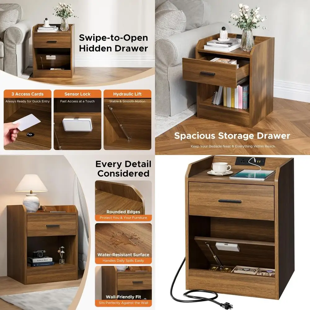 Walnut Nightstand with Secret Drawer, Charging Ports, and AC Outlets for Modern Bedroom
Walnut Nightstand with Secret Drawer, Charging Ports, and AC Outlets for Modern Bedroom
