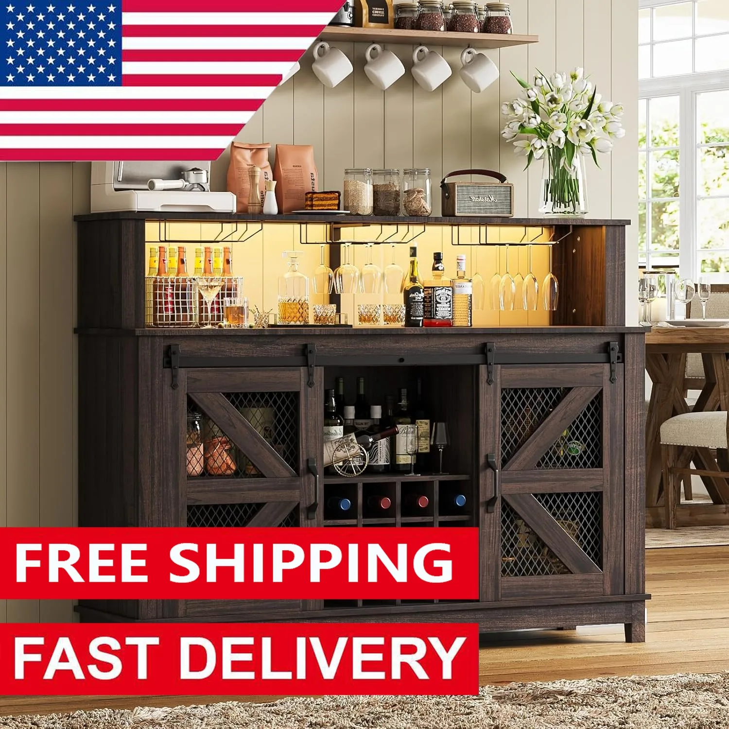 Coffee Bar Cabinet with LED Lights, Sliding Barn Door & Wine and Glass Rack, 55" Farmhouse Kitchen Buffet Storage Cabinet
Coffee Bar Cabinet with LED Lights, Sliding Barn Door & Wine and Glass Rack, 55" Farmhouse Kitchen Buffet Storage Cabinet