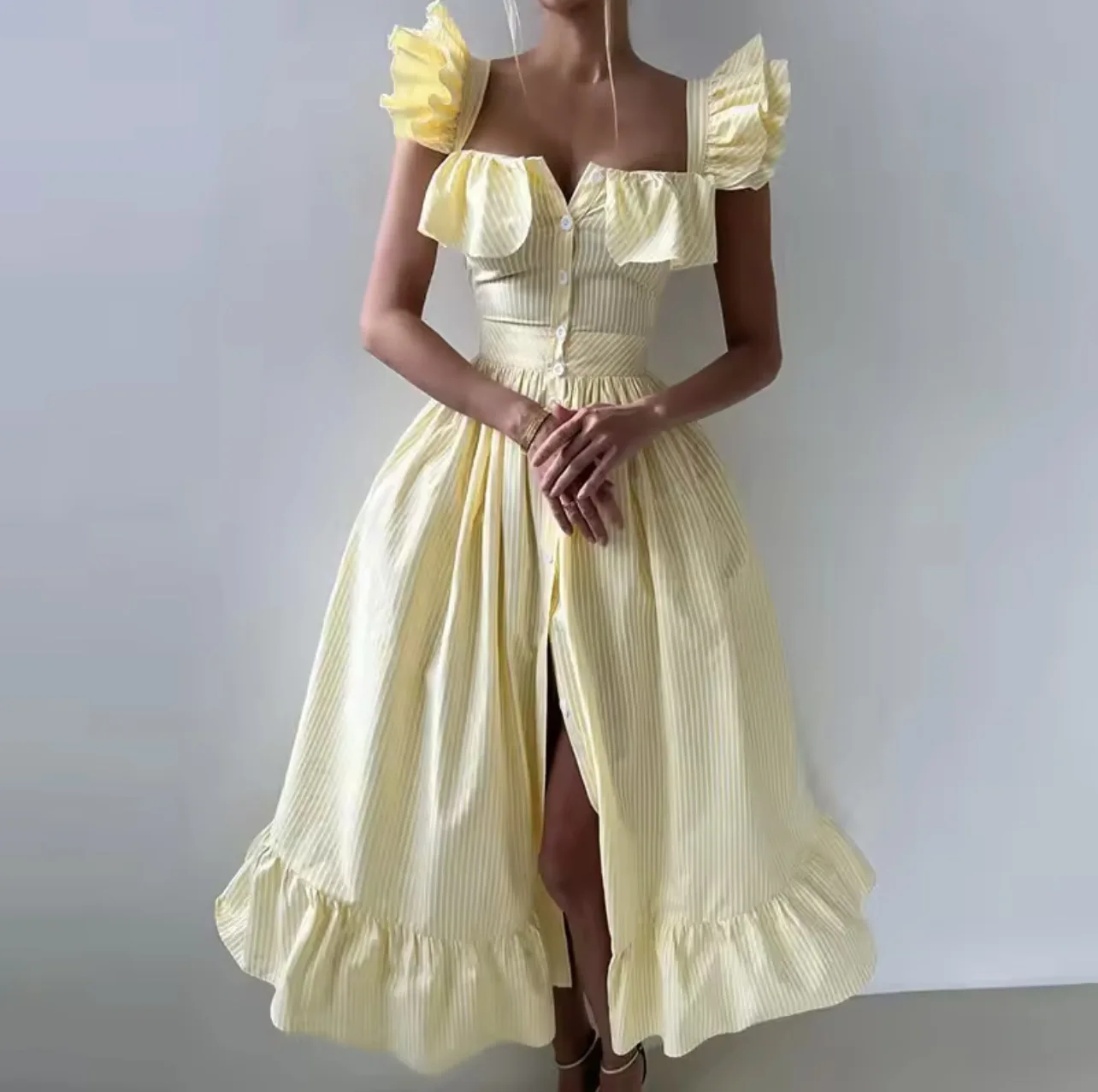 Flying Sleeves Striped Flounce Halter Dress Woman Waist Cinching Single Breasted A-Line Robes Chic Fashion Women's Long Dresses
Flying Sleeves Striped Flounce Halter Dress Woman Waist Cinching Single Breasted A-Line Robes Chic Fashion Women's Long Dresses