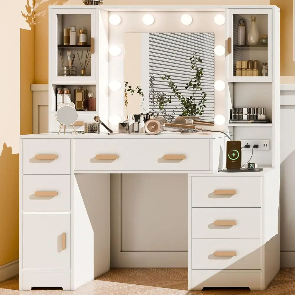 Large White Makeup Vanity Desk with Mirror, Lights, and Charging Station for Women and Girls' Bedroom or Dressing Room
Large White Makeup Vanity Desk with Mirror, Lights, and Charging Station for Women and Girls' Bedroom or Dressing Room