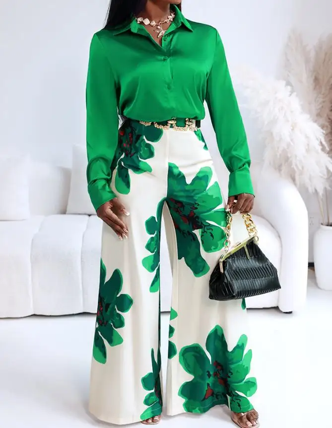 Two Piece Set Women Outfit 2025 New Turn-Down Collar Long Sleeve Satin Shirt & Casual Floral Print High Waist Wide Leg Pants Set
Two Piece Set Women Outfit 2025 New Turn-Down Collar Long Sleeve Satin Shirt & Casual Floral Print High Waist Wide Leg Pants Set