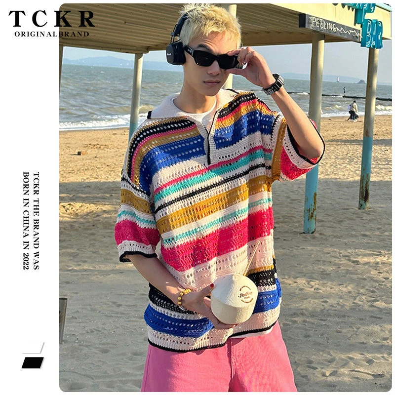 Summer Vintage Striped Print Short Sleeve Men Polo Knitted T Shirts Casual Fashion Hollow Out Harajuku Couple Oversized Tops Tee
Summer Vintage Striped Print Short Sleeve Men Polo Knitted T Shirts Casual Fashion Hollow Out Harajuku Couple Oversized Tops Tee