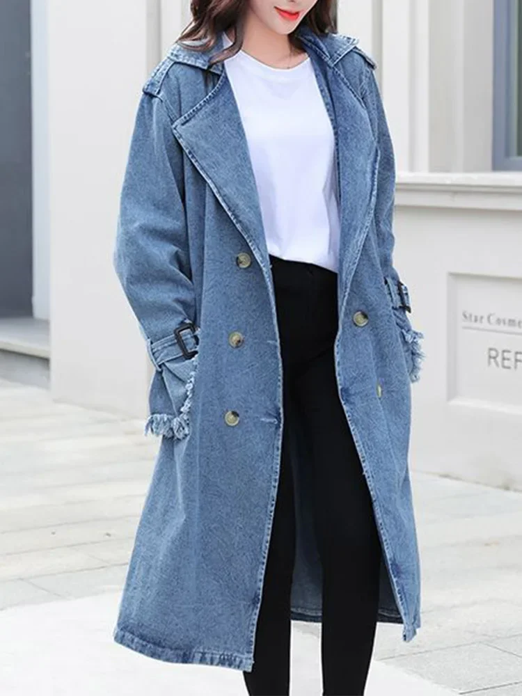 New Spring Autumn Women Fashion Denim Trench Coat Double Breasted Lace-up Long Jean Jacket Vintage Solid Color Outwear
New Spring Autumn Women Fashion Denim Trench Coat Double Breasted Lace-up Long Jean Jacket Vintage Solid Color Outwear