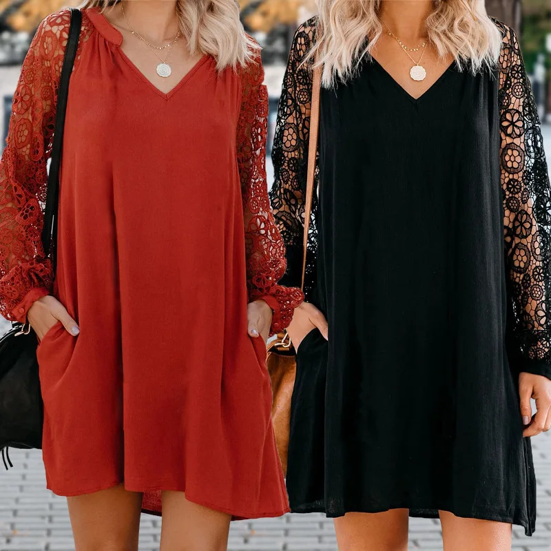FC7682024 Spring Solid Color V-Neck Lace Splicing Medium Length Red Dress For Women
FC7682024 Spring Solid Color V-Neck Lace Splicing Medium Length Red Dress For Women