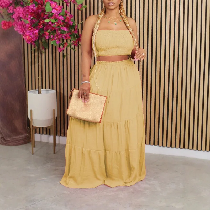 KEXU летние топы без бретелек и длинная юбка с высокой талией, женский комплект из двух предметов, модный пляжный свободный повседневный комплект для отпуска
KEXU летние топы без бретелек и длинная юбка с высокой талией, женский комплект из двух предметов, модный пляжный свободный повседневный комплект для отпуска