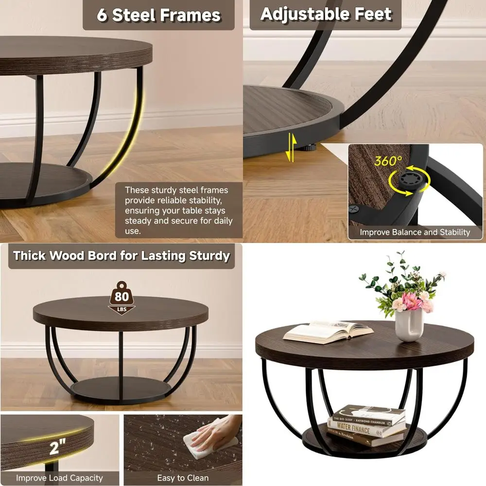 Contemporary 2-Tier Coffee Table, 31 Diameter, Living Room Storage, Steel Frame, Wooden Top, Easy Assembly
Contemporary 2-Tier Coffee Table, 31 Diameter, Living Room Storage, Steel Frame, Wooden Top, Easy Assembly
