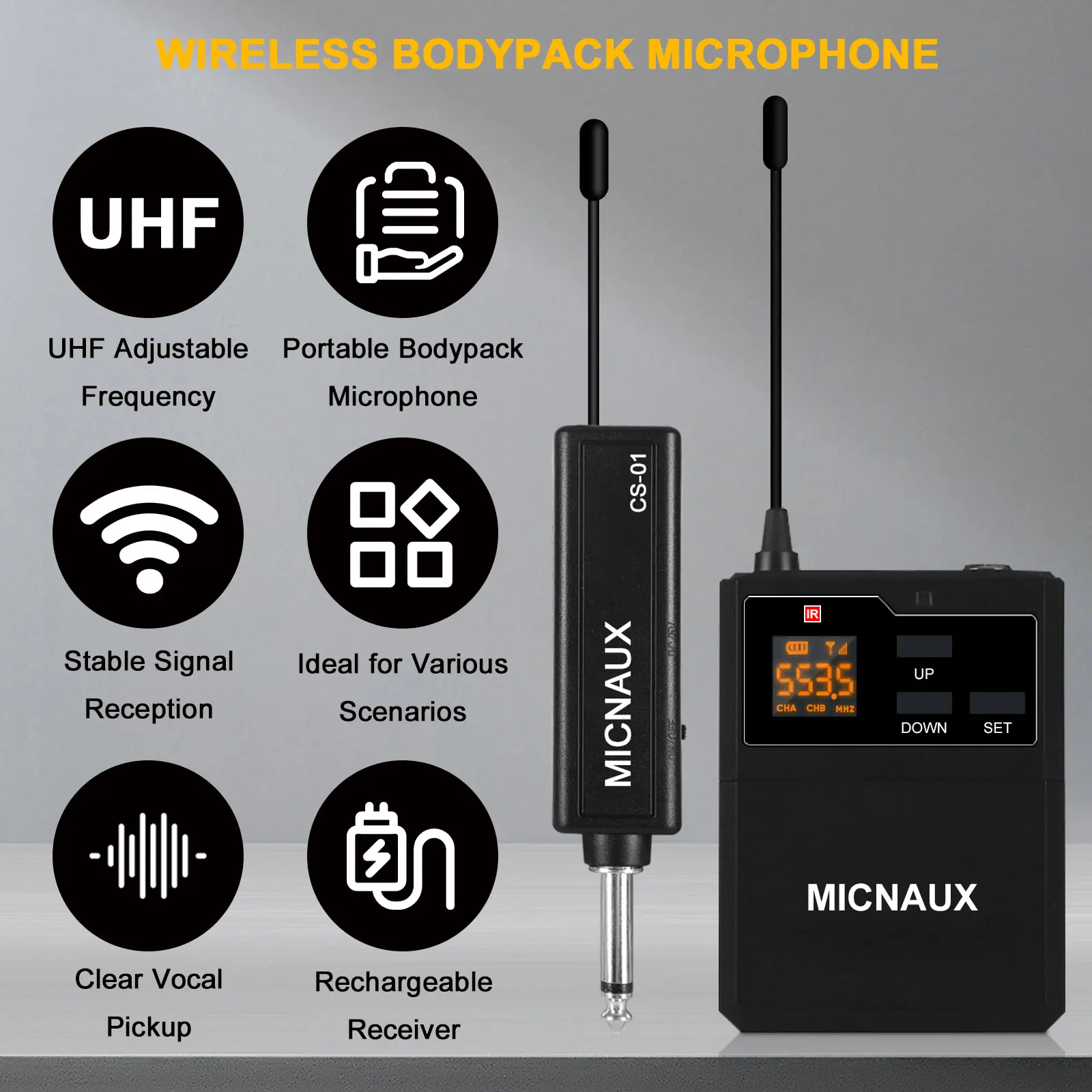 Fuluode Wireless Microphone System Headset Mic/Stand Mic/Lavalier Lapel Mic with Rechargeable Bodypack Transmitter & Receiver
Fuluode Wireless Microphone System Headset Mic/Stand Mic/Lavalier Lapel Mic with Rechargeable Bodypack Transmitter & Receiver