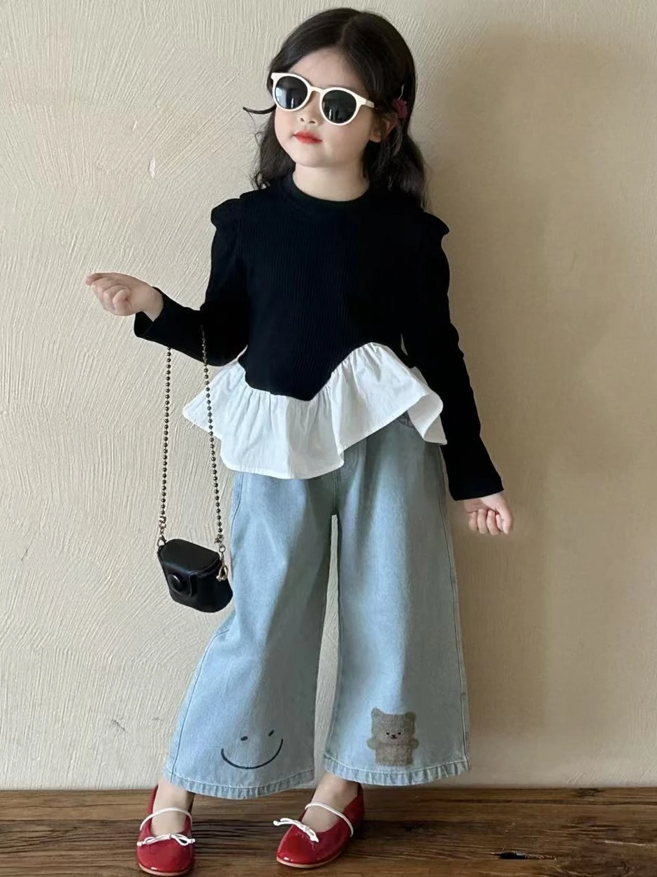 Girls Korean Style Spring New Fashion T-Shirt Bear Denim Pants Flounce Sleeve Long Sleeve round Neck Cotton Blend Top
Girls Korean Style Spring New Fashion T-Shirt Bear Denim Pants Flounce Sleeve Long Sleeve round Neck Cotton Blend Top