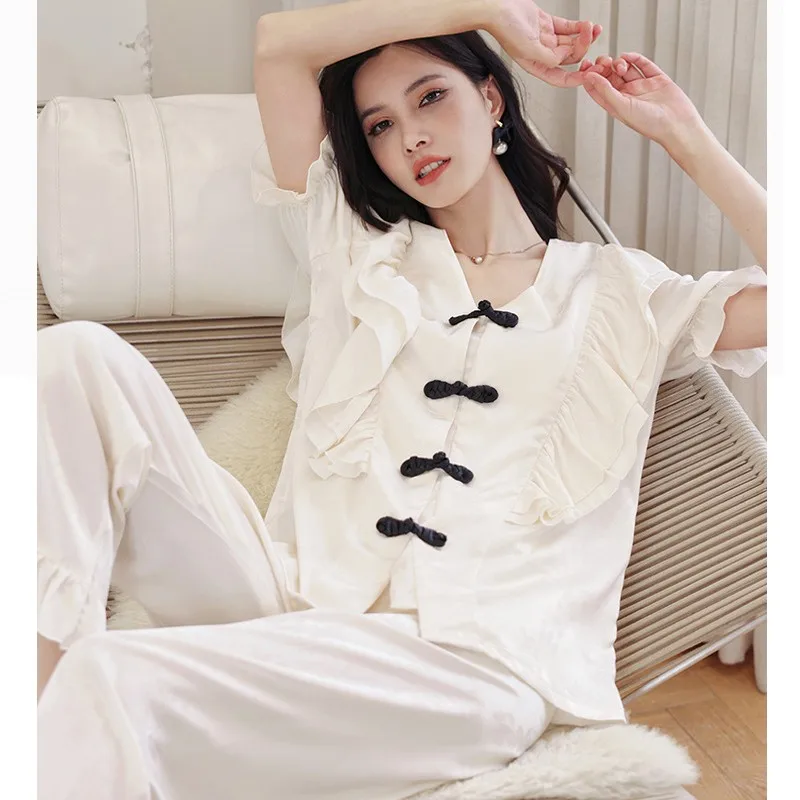 Womens Silky Satin Pajamas Set Two-piece Short Sleeve Long PantsPj Sets Sleepwear Loungewear Casual Button-Down Home Clothes
Womens Silky Satin Pajamas Set Two-piece Short Sleeve Long PantsPj Sets Sleepwear Loungewear Casual Button-Down Home Clothes