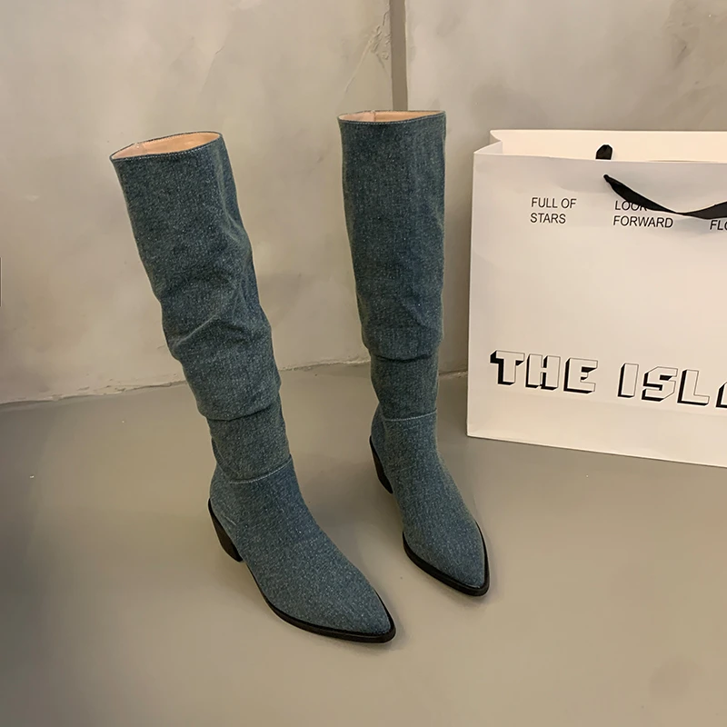 Leisure Knee High Boots Female Autumn Casual Slip on Pointed Toe Denim Women Shoes Square High Heels Long Boots Botas De Mujer
Leisure Knee High Boots Female Autumn Casual Slip on Pointed Toe Denim Women Shoes Square High Heels Long Boots Botas De Mujer