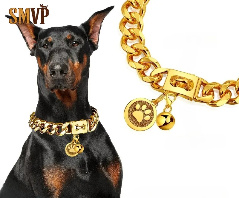 19mm Wide Gold Metal Dog Chain Collar Anti-Chew Cuban Link Pet Collar with Bell and Tag Heavy Duty for Small To Large Dogs
19mm Wide Gold Metal Dog Chain Collar Anti-Chew Cuban Link Pet Collar with Bell and Tag Heavy Duty for Small To Large Dogs