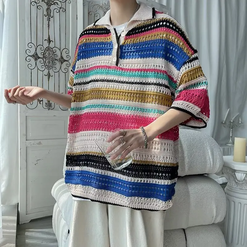 TRSYPHXM 2025 new Minimally striped summer hollow knit sweater with loose collar and men's fashionable pullover polo shirt
TRSYPHXM 2025 new Minimally striped summer hollow knit sweater with loose collar and men's fashionable pullover polo shirt