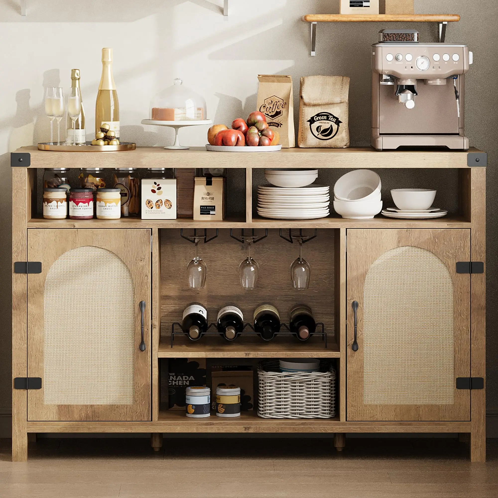 Rustic Oak Wine & Coffee Bar Cabinet With Rattan Doors, Adjustable Shelves, Hanging Glass Rack And Storage For Kitchen Dining
Rustic Oak Wine & Coffee Bar Cabinet With Rattan Doors, Adjustable Shelves, Hanging Glass Rack And Storage For Kitchen Dining