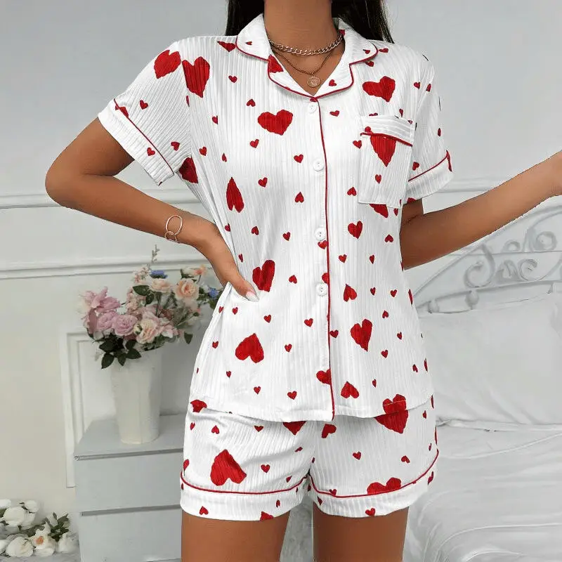 Women Heart Print Pajamas Set Short Sleeve Button Down Loungewear Sweet Casual Homewear Nightwear for Ladies Summer Sleepwear
Women Heart Print Pajamas Set Short Sleeve Button Down Loungewear Sweet Casual Homewear Nightwear for Ladies Summer Sleepwear