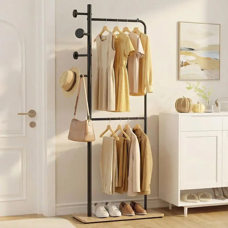 Double Rods Clothes Hanging Rack with Rubber Wood Hooks
Double Rods Clothes Hanging Rack with Rubber Wood Hooks