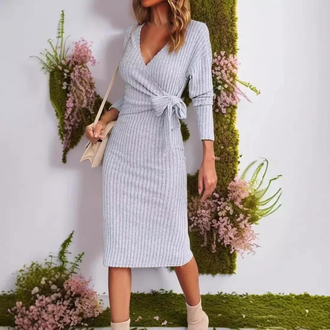 Elegant Lace-up Knitted Dress Women Long Sleelve V-Neck Bodycon Midi Dresses Party Robe Fashion Office Lady Vestidos Streetwear
Elegant Lace-up Knitted Dress Women Long Sleelve V-Neck Bodycon Midi Dresses Party Robe Fashion Office Lady Vestidos Streetwear