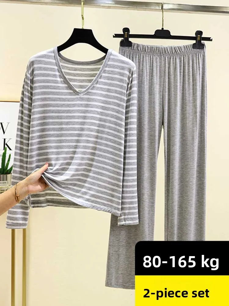 Loose Modal Striped Home Clothes Women's Spring Autumn Large Size T-shirt Nightgown Pants V-neck Casual Set Slimming Effect
Loose Modal Striped Home Clothes Women's Spring Autumn Large Size T-shirt Nightgown Pants V-neck Casual Set Slimming Effect