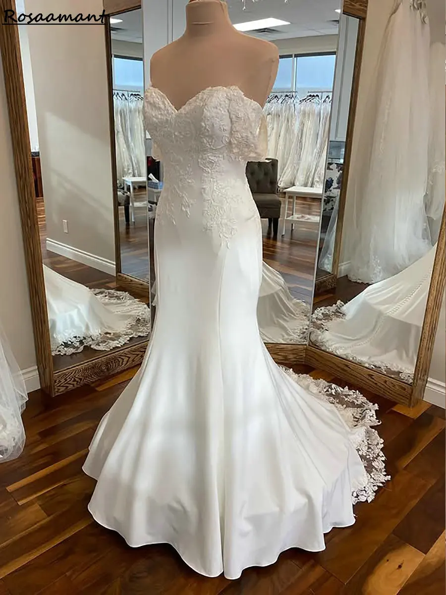 Simple Satin Sleeveless Mermaid Wedding Dresses Off The Shoulder Appliques Lace Country Bridal Gowns
Simple Satin Sleeveless Mermaid Wedding Dresses Off The Shoulder Appliques Lace Country Bridal Gowns