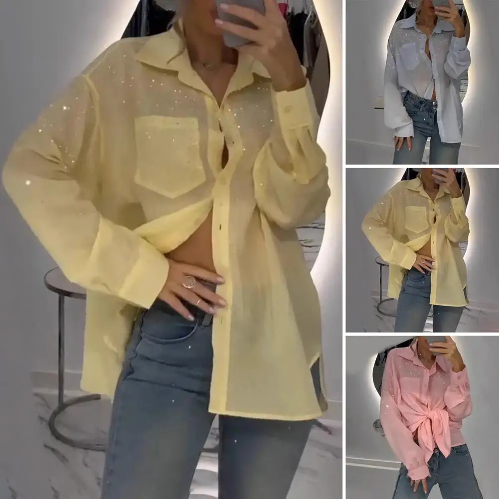 Eye-catching Women Top Elegant Lapel Long Sleeve Women's Shirt with Gold-stitching Design Single Breasted Solid Color for Wear
Eye-catching Women Top Elegant Lapel Long Sleeve Women's Shirt with Gold-stitching Design Single Breasted Solid Color for Wear