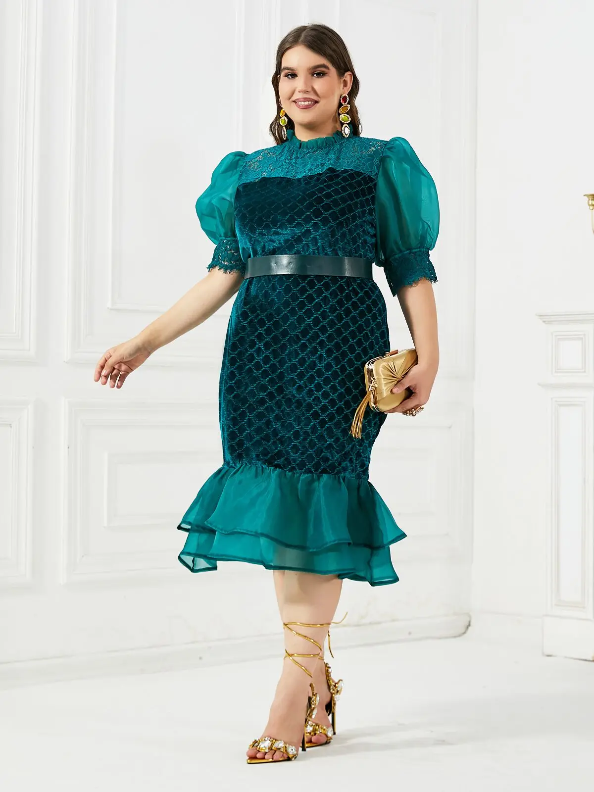 Woman Clothing New Fashion High Waist Half Sleeve Hip Wrap Dress Green Rose Mesh African Fitting Elegant Midi Dress With Belt
Woman Clothing New Fashion High Waist Half Sleeve Hip Wrap Dress Green Rose Mesh African Fitting Elegant Midi Dress With Belt