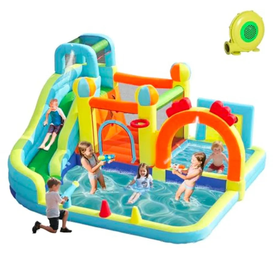 Outdoor backyard inflatable water slide park for kids: PVC material, blue and yellow, includes splash pool, climbing wall, boun
Outdoor backyard inflatable water slide park for kids: PVC material, blue and yellow, includes splash pool, climbing wall, boun