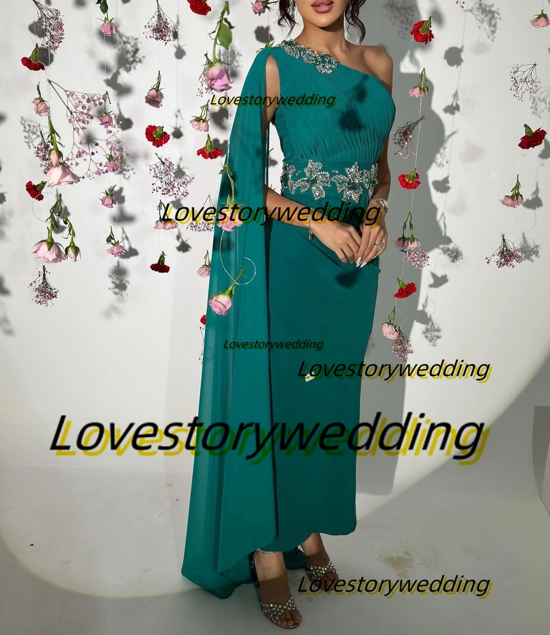 Lovestory Ankle Length Sheath Prom Dress Flutters One Shoulder Beaded Sash Ruched Vestidos Party Women Wear Evening Formal Gowns
Lovestory Ankle Length Sheath Prom Dress Flutters One Shoulder Beaded Sash Ruched Vestidos Party Women Wear Evening Formal Gowns