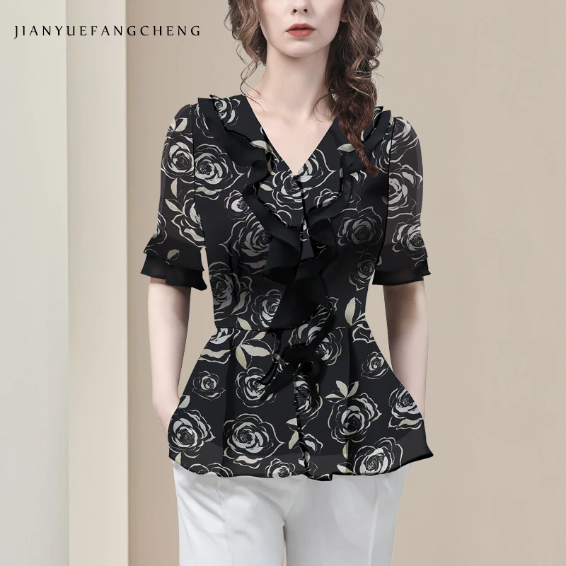 Fashion Black Florals Print Chiffon Blouse Womens Short Sleeve V-neck Summer Tops Lightweight Ruffles Working Casual Shirts
Fashion Black Florals Print Chiffon Blouse Womens Short Sleeve V-neck Summer Tops Lightweight Ruffles Working Casual Shirts