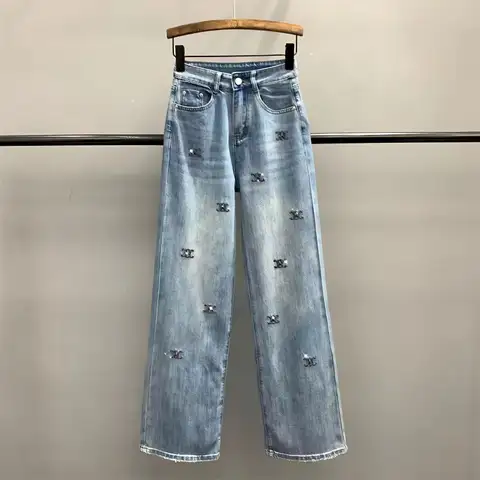 Letter embroidery Hot Diamond Denim Wide leg Trousers Women's 2025 New High waisted  Loose Straight leg Jeans Floor length Pants