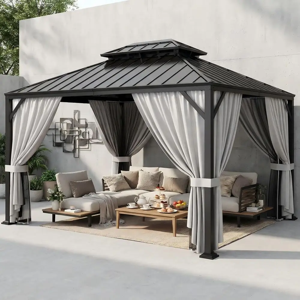 12'x10' Hardtop Gazebo, ate e Gazebo with Galvanized Steel Double Roo, Outdoor Pergola with Curtain and Net, Backyard or Garden,
12'x10' Hardtop Gazebo, ate e Gazebo with Galvanized Steel Double Roo, Outdoor Pergola with Curtain and Net, Backyard or Garden,