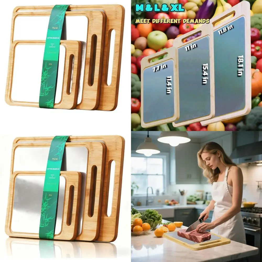 Triple-Sized Bamboo & Steel Chef's Cutting Boards with Juice Groove for Meat, Veggie, Fruit Prep (Medium, Large, Extra Large)
Triple-Sized Bamboo & Steel Chef's Cutting Boards with Juice Groove for Meat, Veggie, Fruit Prep (Medium, Large, Extra Large)
