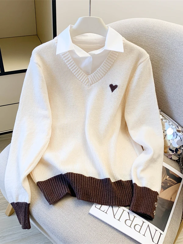 Loose Knitted Sweater Women's Casual Style Long Sleeve Shirt Collar Inner Wear Fake Two-Piece plus Size Fashionable Base Layer
Loose Knitted Sweater Women's Casual Style Long Sleeve Shirt Collar Inner Wear Fake Two-Piece plus Size Fashionable Base Layer
