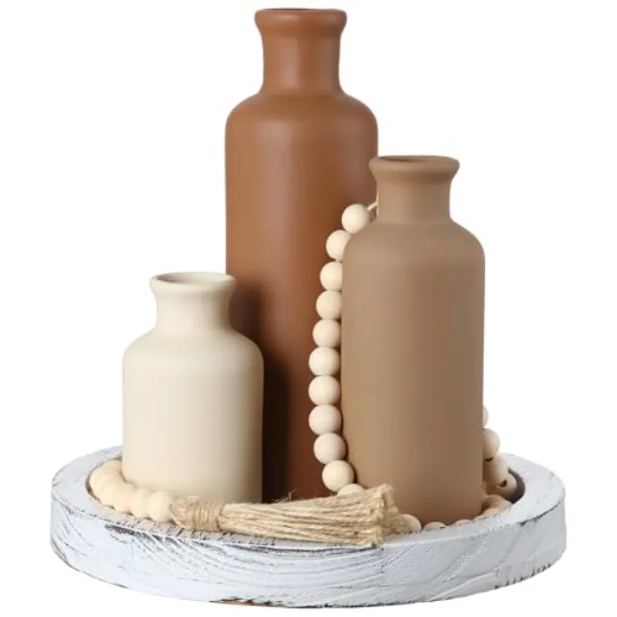5 Pcs Rustic Country Tabletop Centerpieces Decor Set of 3 Boho Ceramic Vases with Wooden Serving Tray Wood Bead Garland Tassels
5 Pcs Rustic Country Tabletop Centerpieces Decor Set of 3 Boho Ceramic Vases with Wooden Serving Tray Wood Bead Garland Tassels
