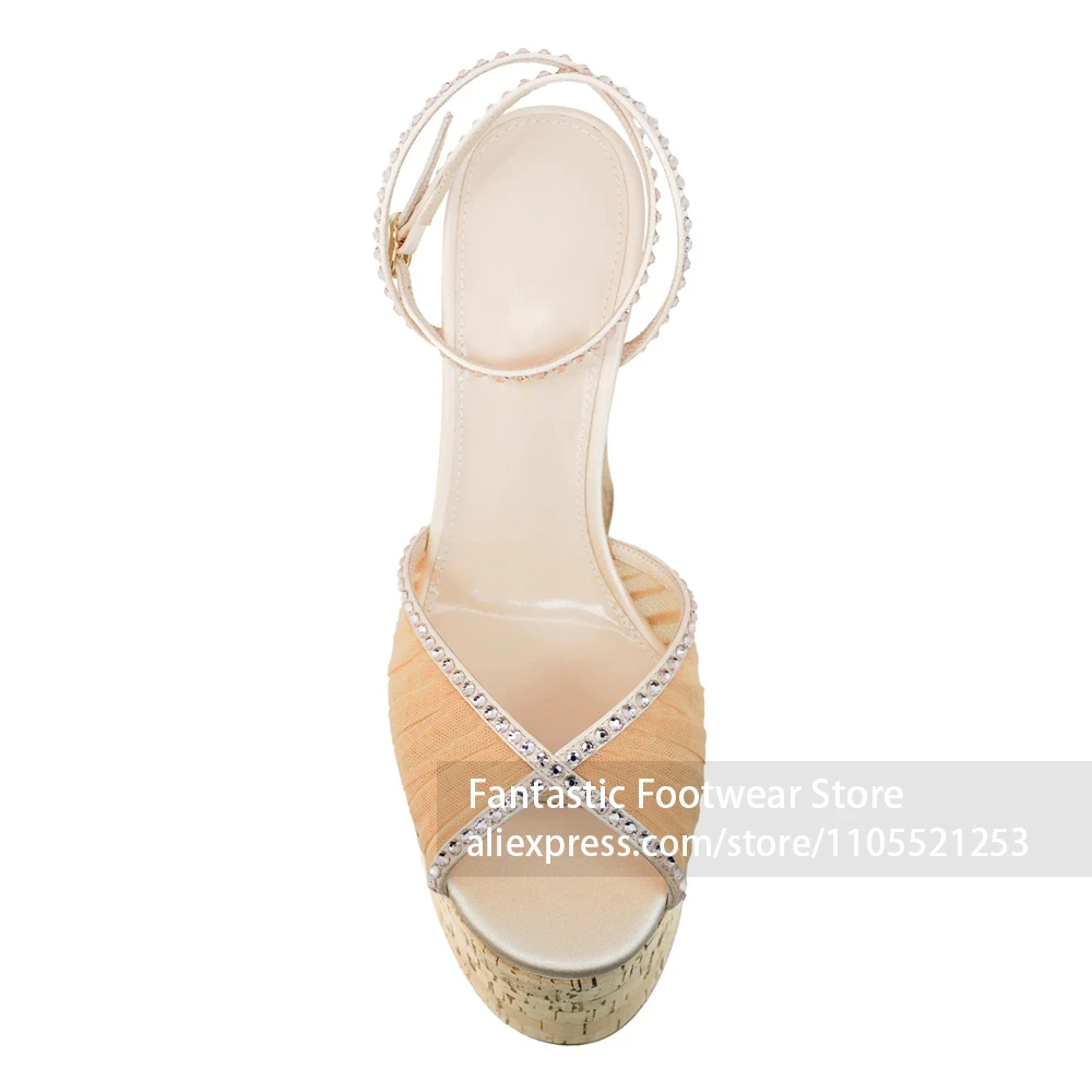 Cork Platform Wedge Sandals Mesh Peep Toe Rhinestone Ankle Strap Summer High Heels Bridal Wedding Sandals Elegant Wedge Sandals
Cork Platform Wedge Sandals Mesh Peep Toe Rhinestone Ankle Strap Summer High Heels Bridal Wedding Sandals Elegant Wedge Sandals