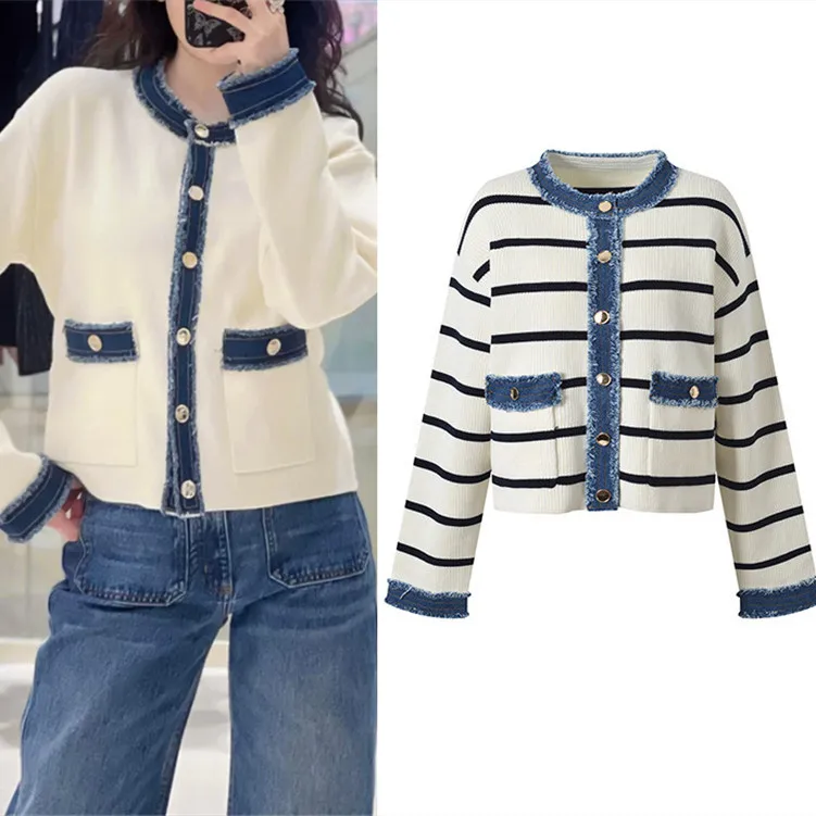 High-End Version Color Block Design Denim Patchwork Knitted Open Cardigan Top Outerwear for Women round Neck Spring Season
High-End Version Color Block Design Denim Patchwork Knitted Open Cardigan Top Outerwear for Women round Neck Spring Season