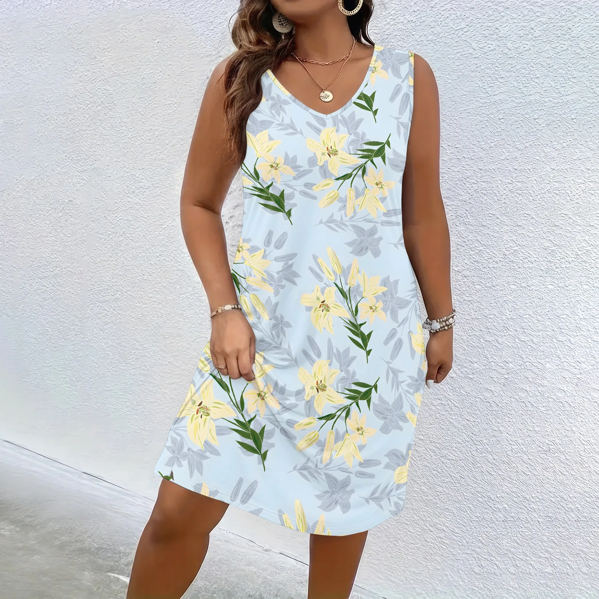 Sleeveless Floral Dress, Yellow Lily Print V-Neck, Light Blue Summer Shift, Casual Beach Vacation Wear, XL-5XL
Sleeveless Floral Dress, Yellow Lily Print V-Neck, Light Blue Summer Shift, Casual Beach Vacation Wear, XL-5XL