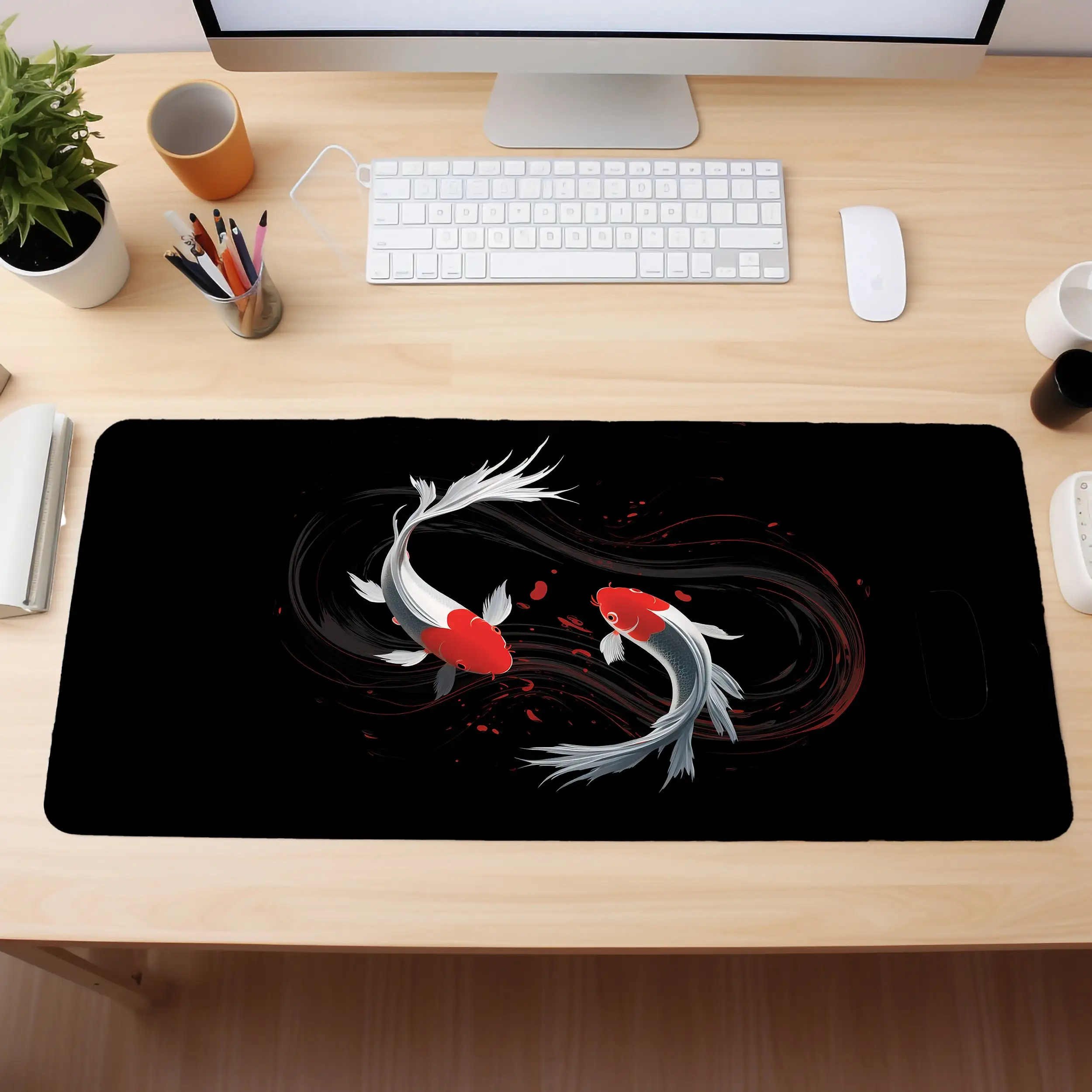 Minimalist Japanese Koi Fish Desk Mat, Ink Painting Style Art, Office and Gaming Desk Decor Mat, Perfect Gift for Friends. 
Minimalist Japanese Koi Fish Desk Mat, Ink Painting Style Art, Office and Gaming Desk Decor Mat, Perfect Gift for Friends.