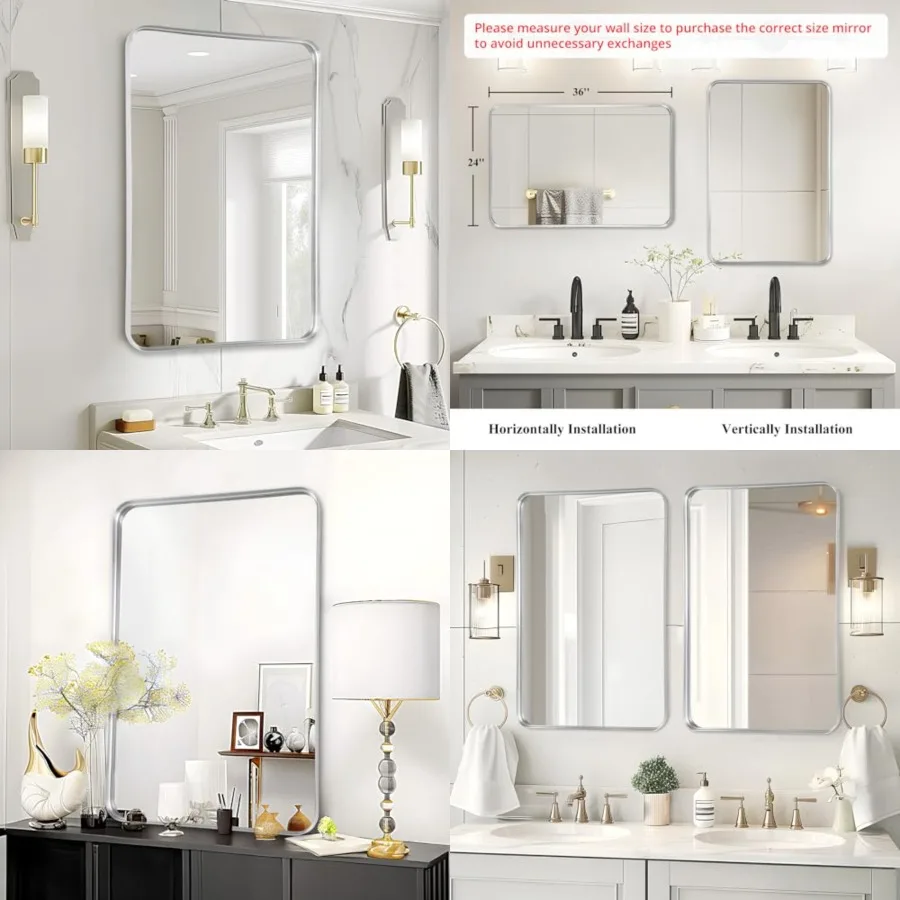 Bathroom Wall Mirror Rectangle - 36x24 Inch Large Over Sink Framed Mirror, Rectangular Brushed Mirrors Hanging for Bedroom, Res
Bathroom Wall Mirror Rectangle - 36x24 Inch Large Over Sink Framed Mirror, Rectangular Brushed Mirrors Hanging for Bedroom, Res