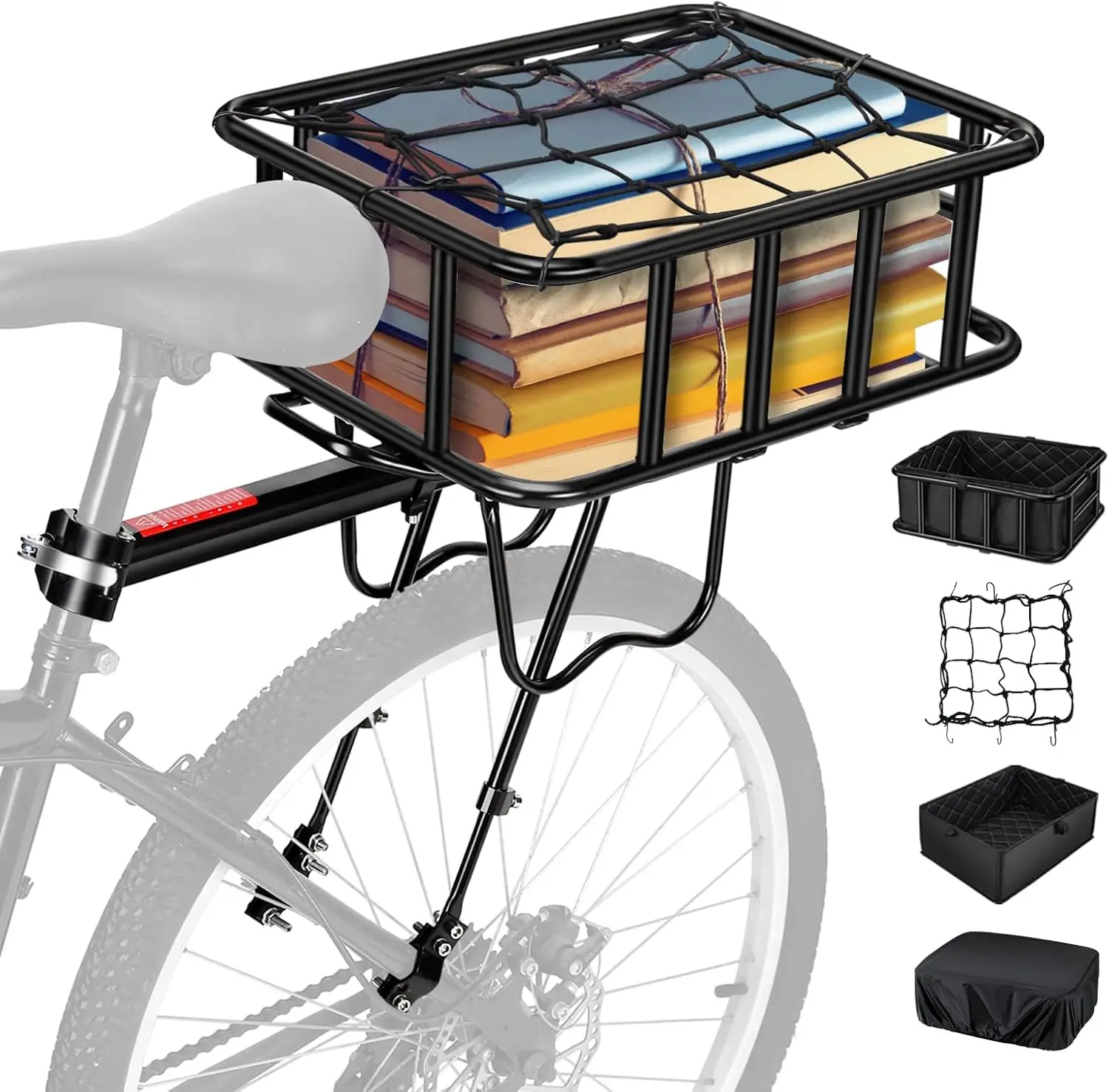 Rear Bike Rack with Basket, 110 lb Capacity, Aluminum Alloy Cargo Rack, Includes Bungee Cord, Waterproof Cover & Tools
Rear Bike Rack with Basket, 110 lb Capacity, Aluminum Alloy Cargo Rack, Includes Bungee Cord, Waterproof Cover & Tools