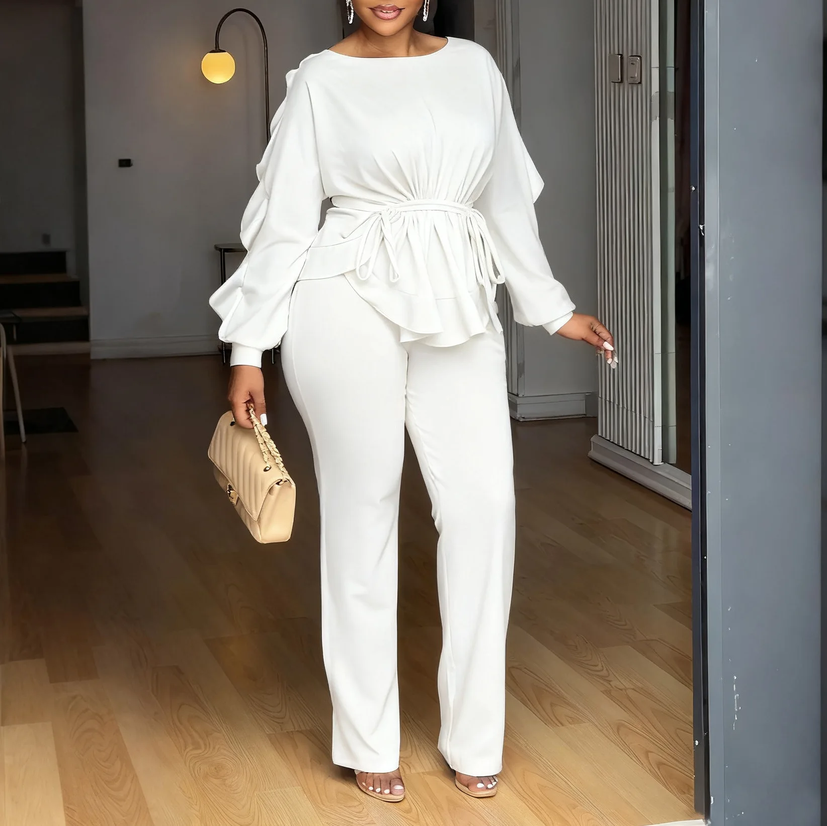 Pant Set Women Two Piece Sets Round Neck RufflesTop Wide Leg Long Pants High Waist Drawstring Y2k Streetwear Work Autumn Winter
Pant Set Women Two Piece Sets Round Neck RufflesTop Wide Leg Long Pants High Waist Drawstring Y2k Streetwear Work Autumn Winter