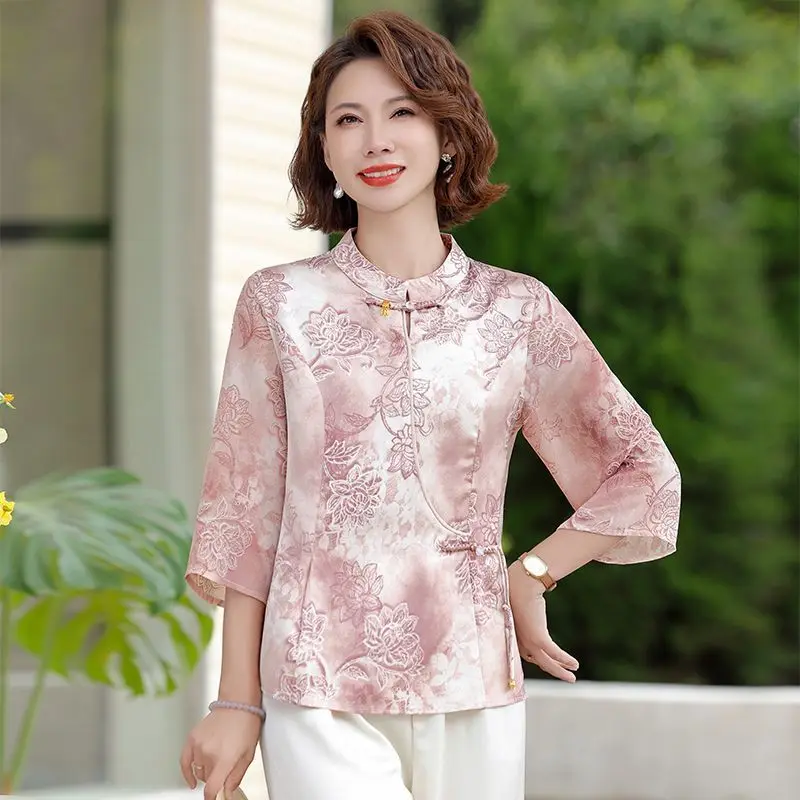 New Chinese Style 7-quarter Sleeve Shirt New Button Printed Fashionable Loose Short-sleeved Top 
New Chinese Style 7-quarter Sleeve Shirt New Button Printed Fashionable Loose Short-sleeved Top
