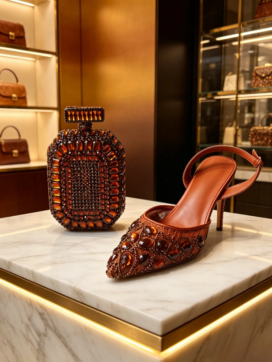 Caramel Perfume Bottle Rhinestone Clutch Bag Matching Lace Topaz Crystal Slingback Heels Women Runway Evening Party Shoes Set
Caramel Perfume Bottle Rhinestone Clutch Bag Matching Lace Topaz Crystal Slingback Heels Women Runway Evening Party Shoes Set