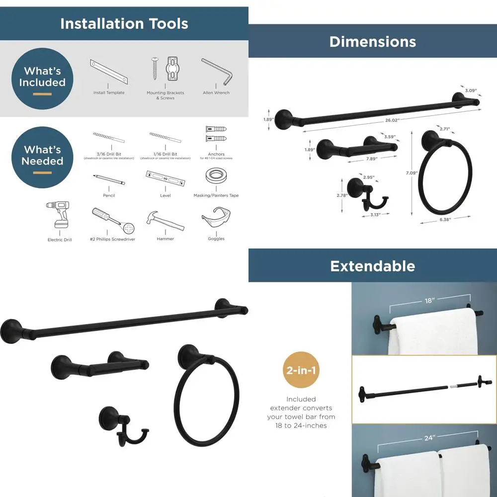4-Piece Matte Black Bathroom Hardware Set: 18 Towel Rack, 6 Towel Bar, Paper Holder, Hook
4-Piece Matte Black Bathroom Hardware Set: 18 Towel Rack, 6 Towel Bar, Paper Holder, Hook