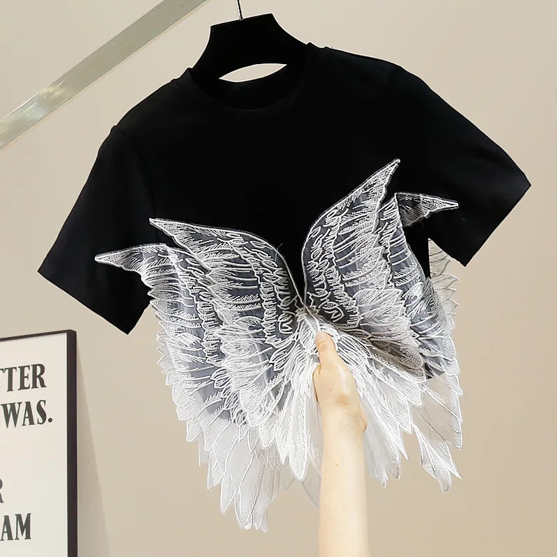 Embroidered wing little angel chic short sleeved top with women's design sense, new black slim fit T-shirt trendy
Embroidered wing little angel chic short sleeved top with women's design sense, new black slim fit T-shirt trendy