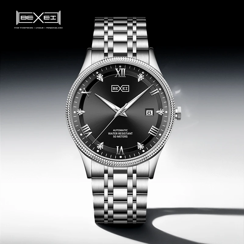 BEXEI 9255, дисплеи для даты, циркониевая шкала, циферблат с солнечными лучами, механический автоматический механизм, римские цифры, мужские часы с сапфиром
BEXEI 9255, дисплеи для даты, циркониевая шкала, циферблат с солнечными лучами, механический автоматический механизм, римские цифры, мужские часы с сапфиром