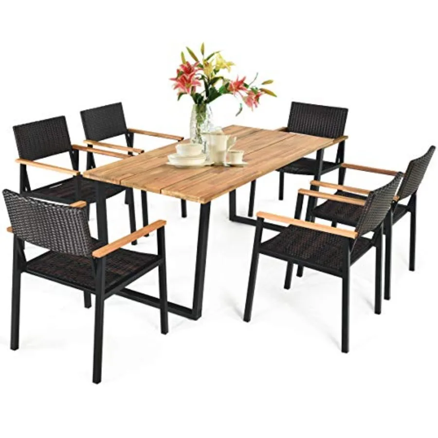 7 Pieces Outdoor Dining Set, Patented Patio Furniture Set w/Large Rectangle Acacia Wood Table Top, Rattan Chairs with Steel Fra
7 Pieces Outdoor Dining Set, Patented Patio Furniture Set w/Large Rectangle Acacia Wood Table Top, Rattan Chairs with Steel Fra