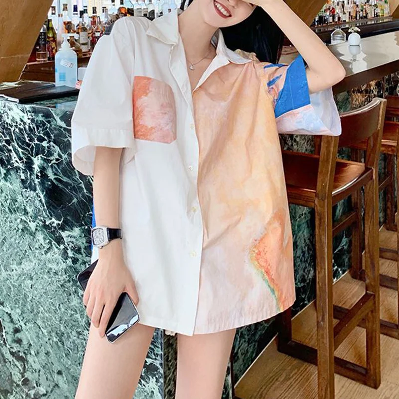 Summer Polo-neck Loose Casual Oil Painting Printed Streetwear Shirt Women Short Sleeve Harajuku Y2K Irregular Buttons Blouse Top
Summer Polo-neck Loose Casual Oil Painting Printed Streetwear Shirt Women Short Sleeve Harajuku Y2K Irregular Buttons Blouse Top