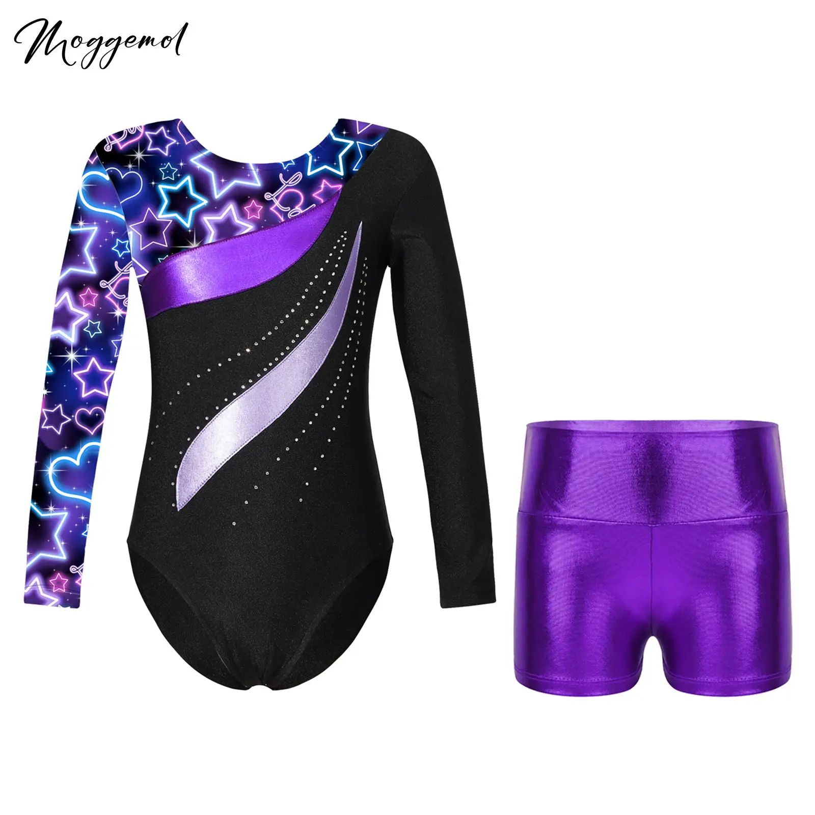 Kids Girls Ballet Dance Long Sleeve Round Neck Shiny Rhinestones Gymnastics Leotard with Metallic Shorts Performance Competition
Kids Girls Ballet Dance Long Sleeve Round Neck Shiny Rhinestones Gymnastics Leotard with Metallic Shorts Performance Competition